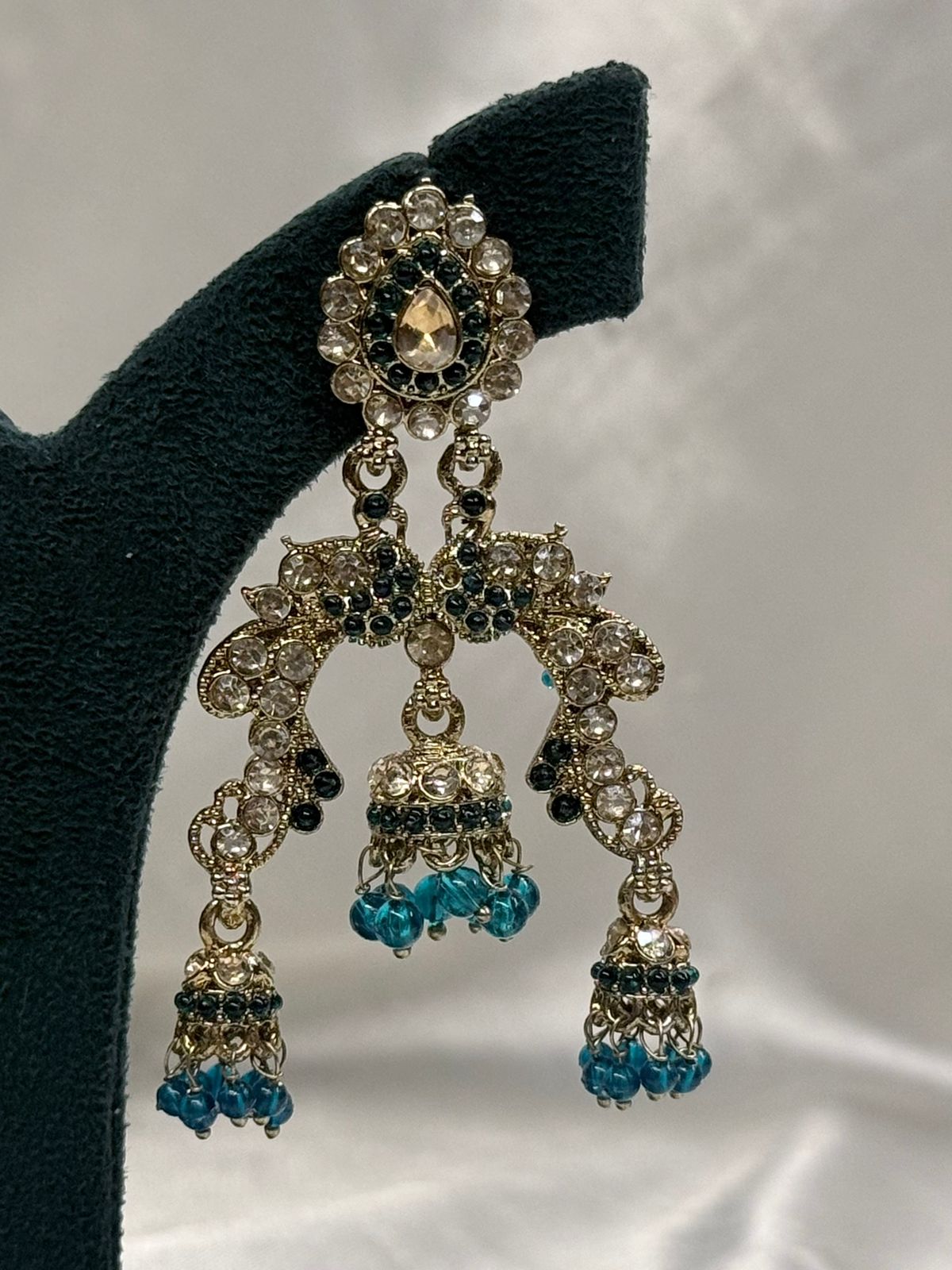 Green Kundan Jhumka Earrings with Crystal Stones,llb621
