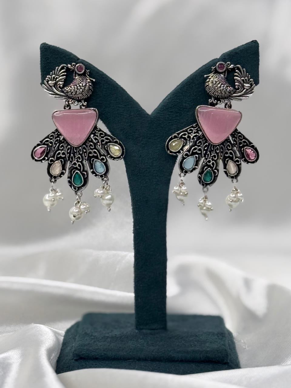 Oxidized Silver Peacock Earrings with Pink Stone & Pearl Drops,llb591
