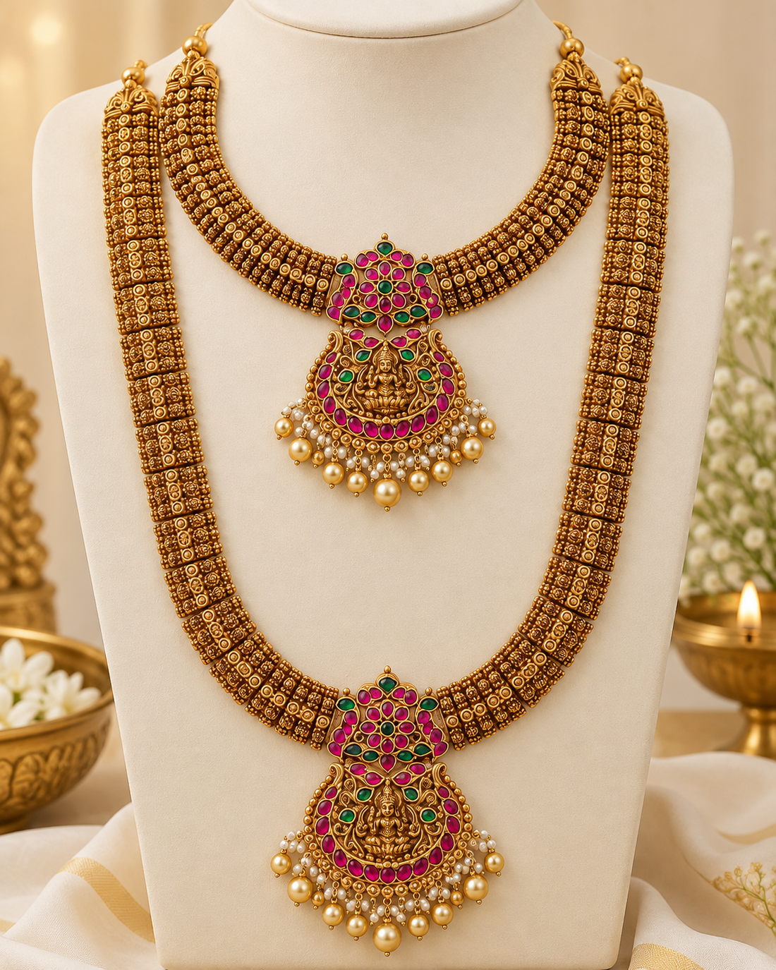 Antique Gold Lakshmi Necklace Set with Pearls| ONK303