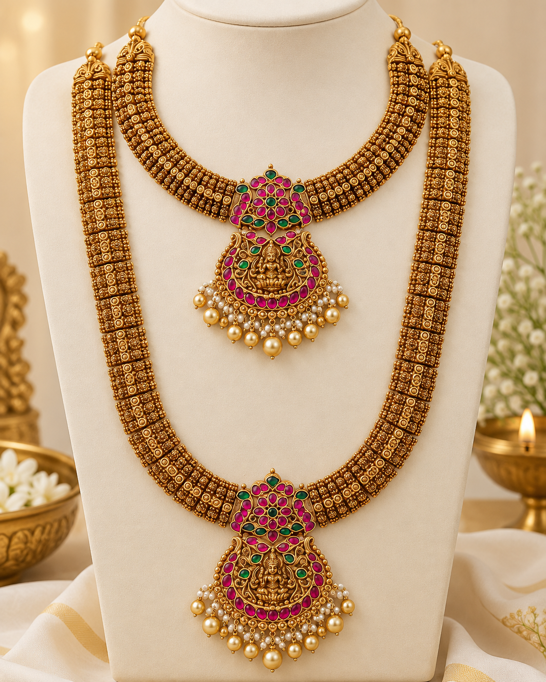 Antique Gold Lakshmi Necklace Set with Pearls| ONK303