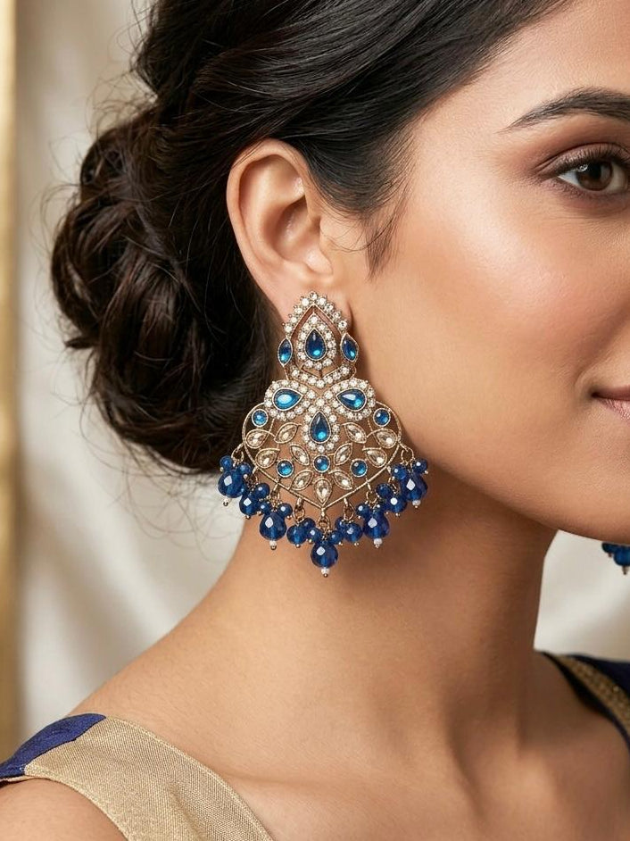Gold Tone Kundan Earrings with Blue Stones & Bead Drops | llb041