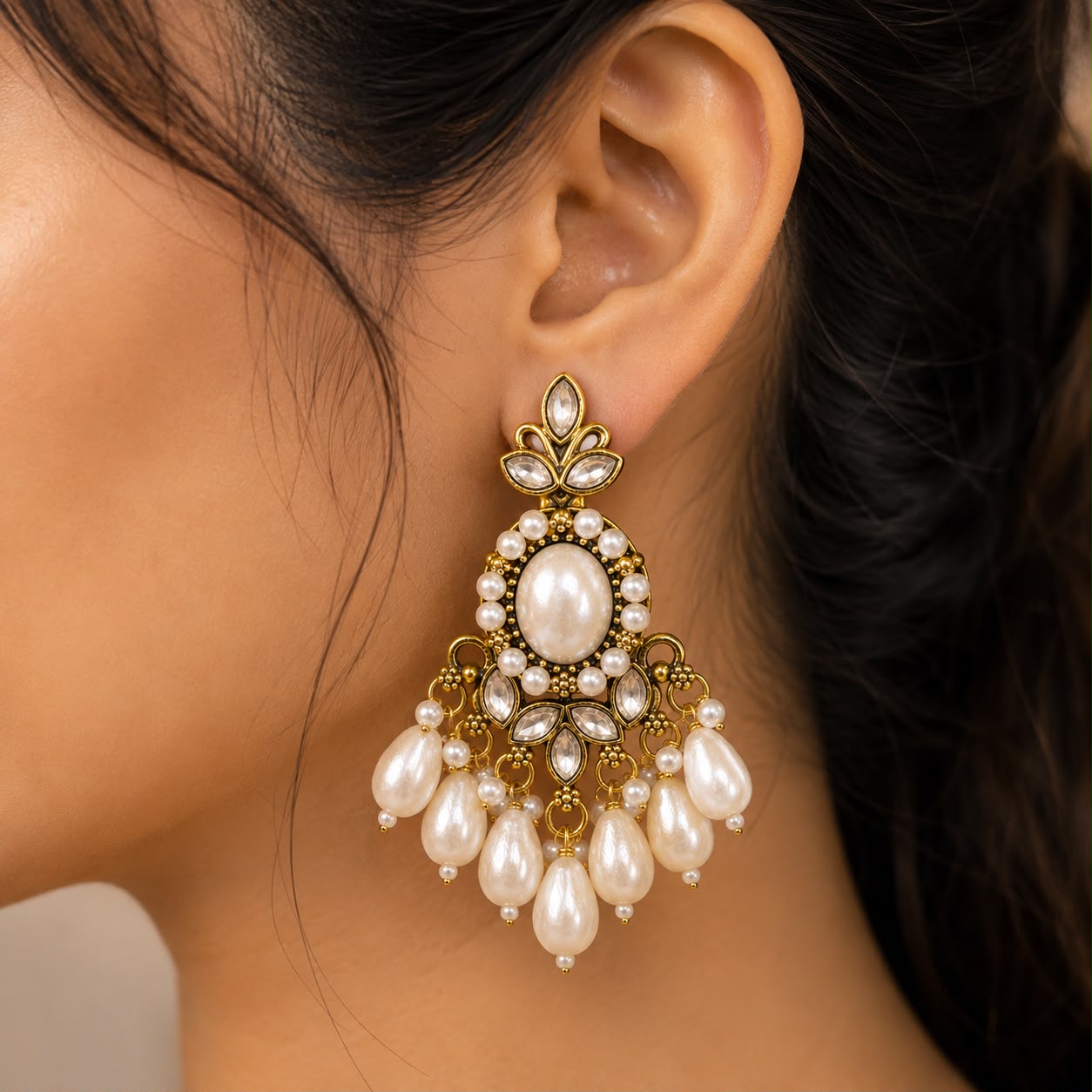 Kundan Pearl Drop Chandbali Earrings | LLB0160