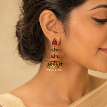 Ruby Emerald Kundan Jhumka Earrings with Pearl Drops | llb0126