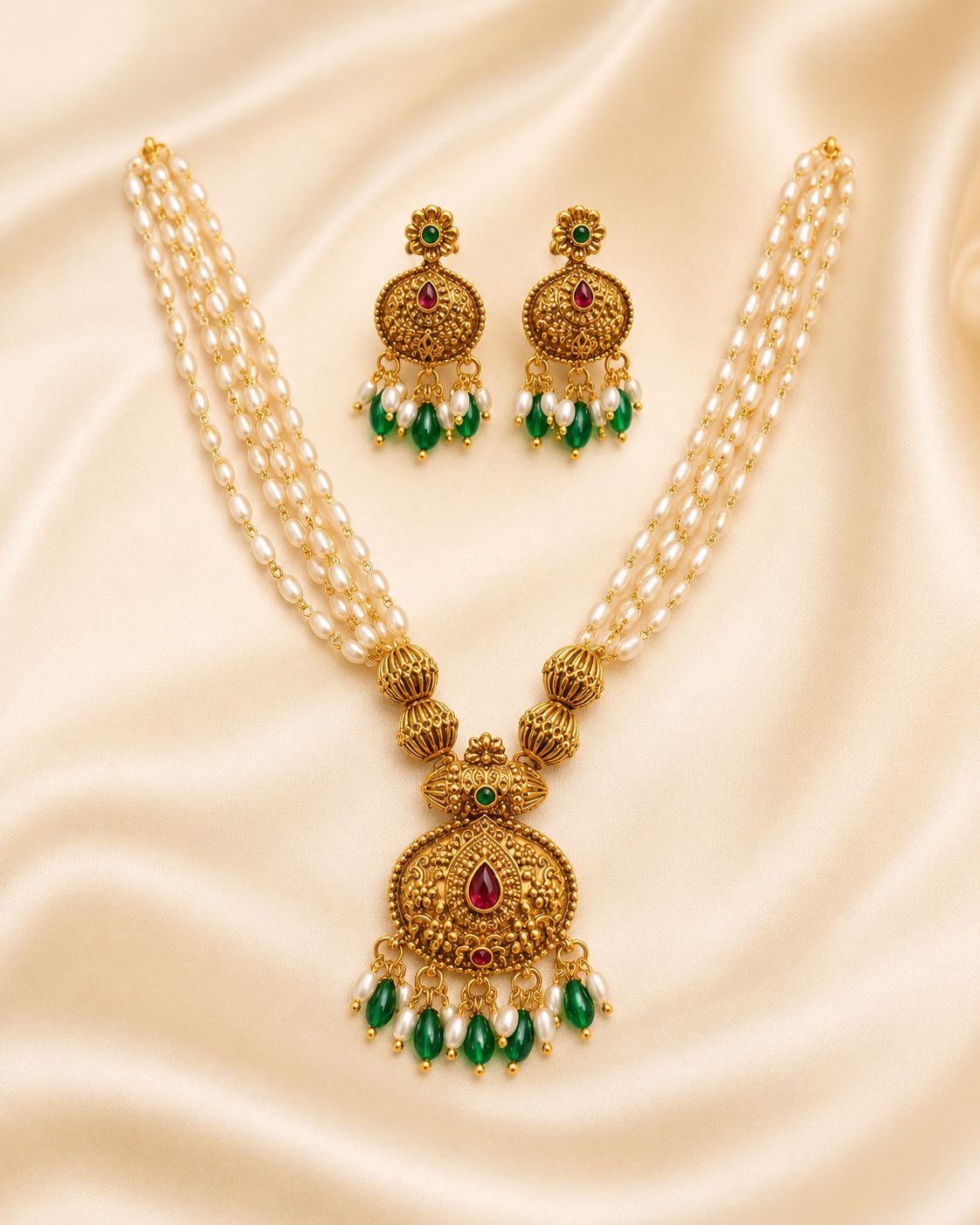 Antique Gold 6layed Pearl Strand Necklace Set with Emerald & Ruby Pendant | LV1410