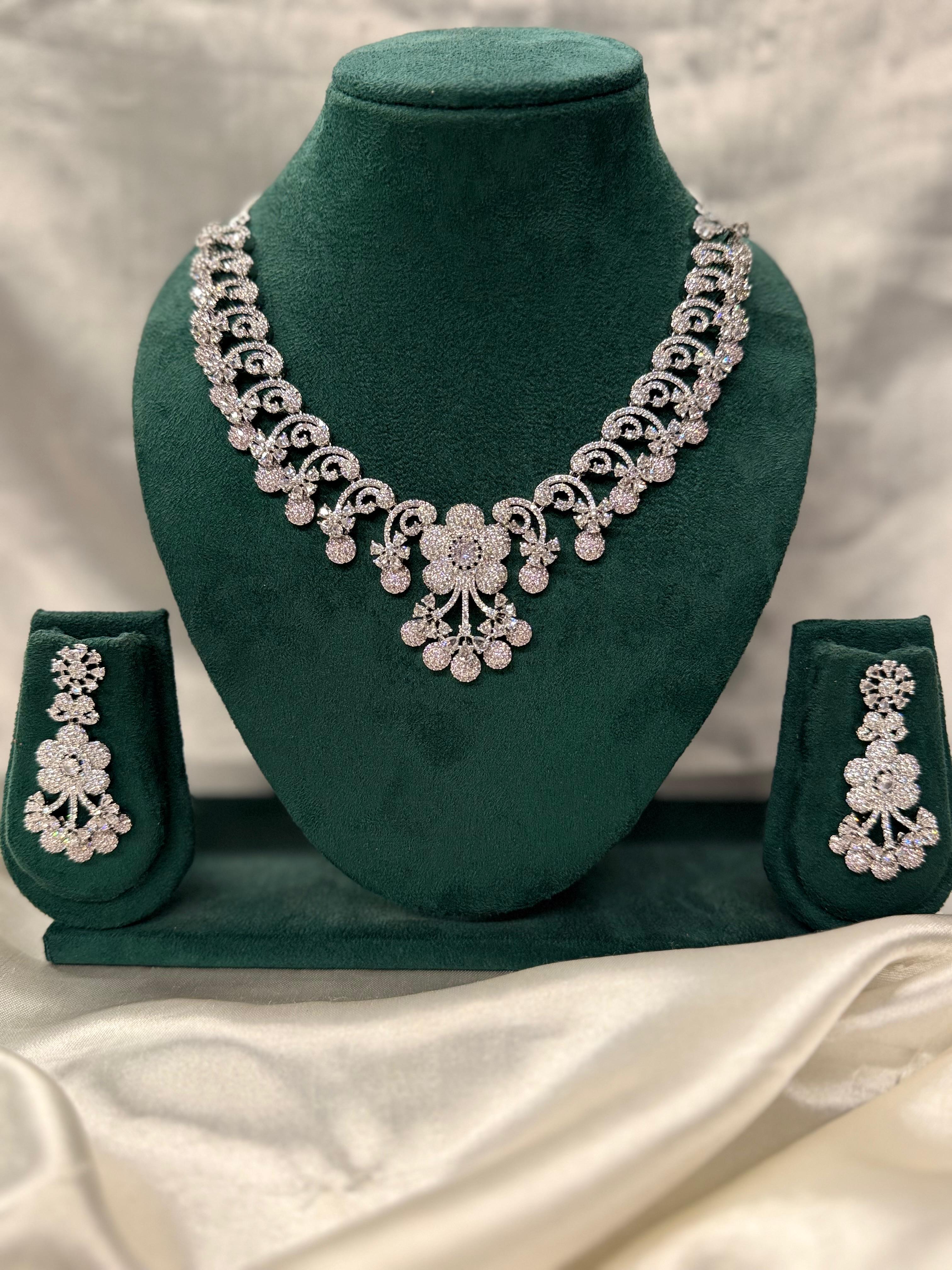 Luxury Silver CZ Floral Necklace Set,llb336