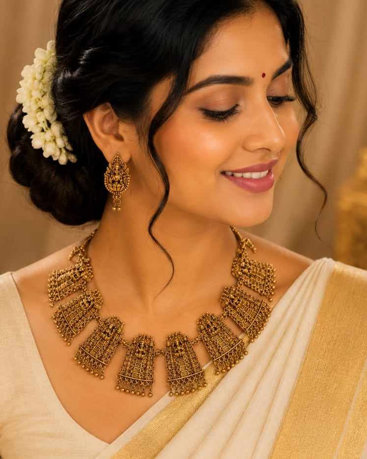 Antique Gold Nakshi Lakshmi Temple Arch Pendant Choker Set | OL175