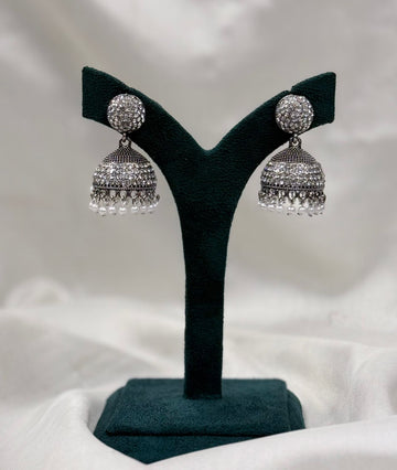 Silver Crystal Jhumka Earrings with Pearl Drops,llb438