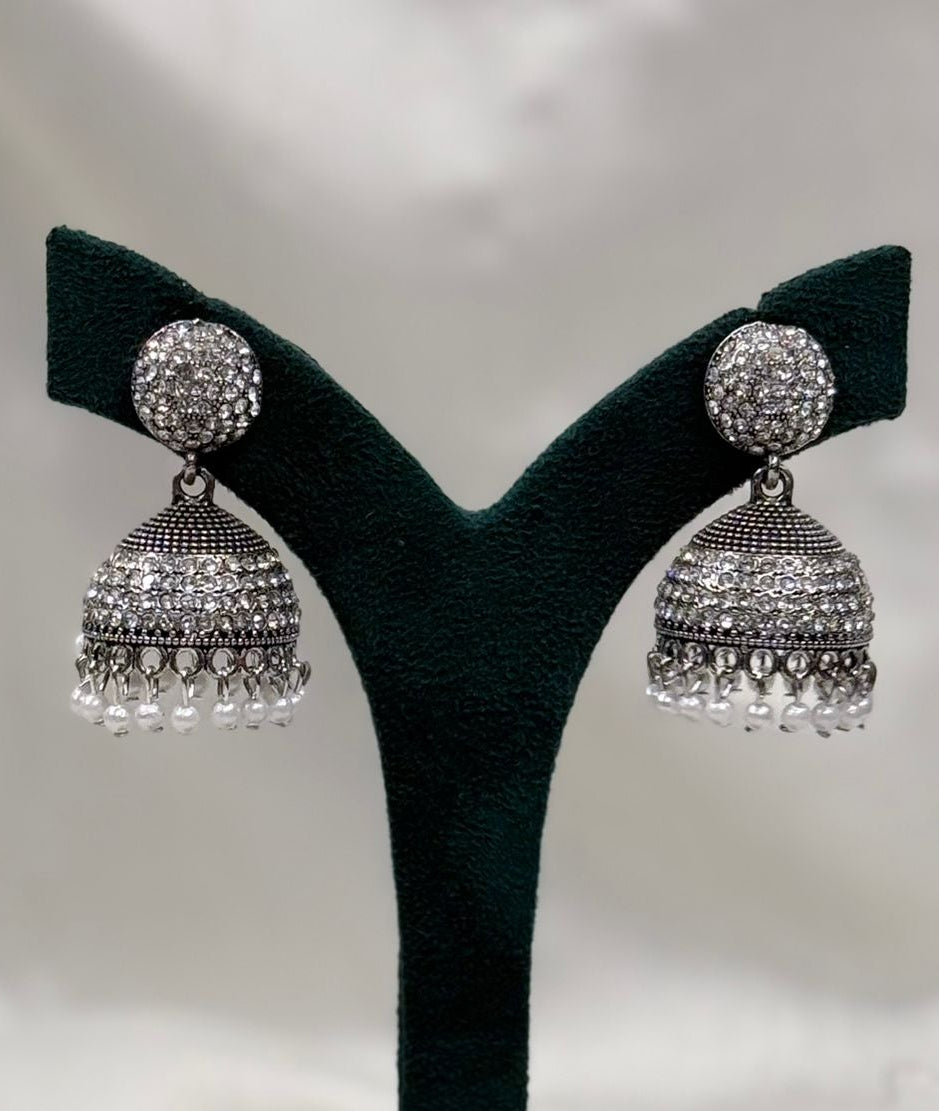 Silver Crystal Jhumka Earrings with Pearl Drops,llb438