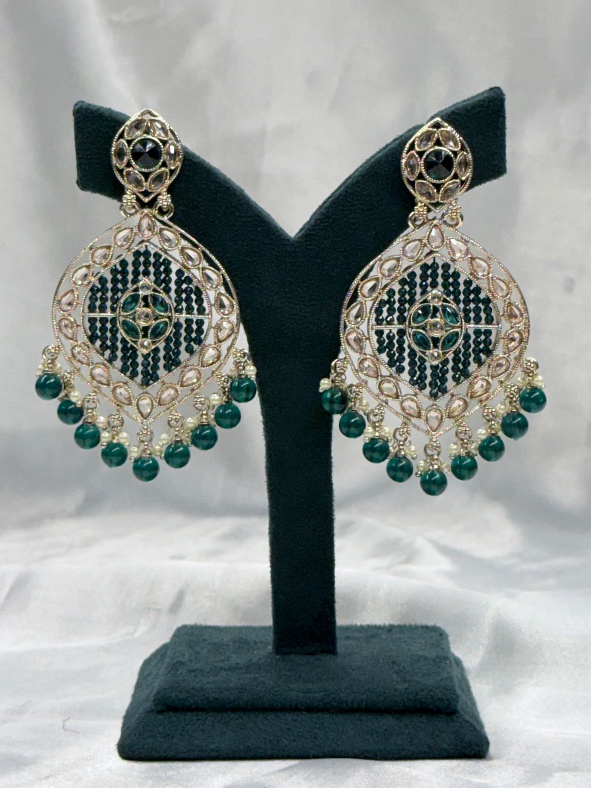 Gold Finish Green Stone Chandbali Earrings with Bead Hangings,llb554