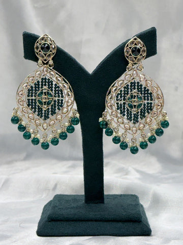 Gold Finish Green Stone Chandbali Earrings with Bead Hangings,llb554