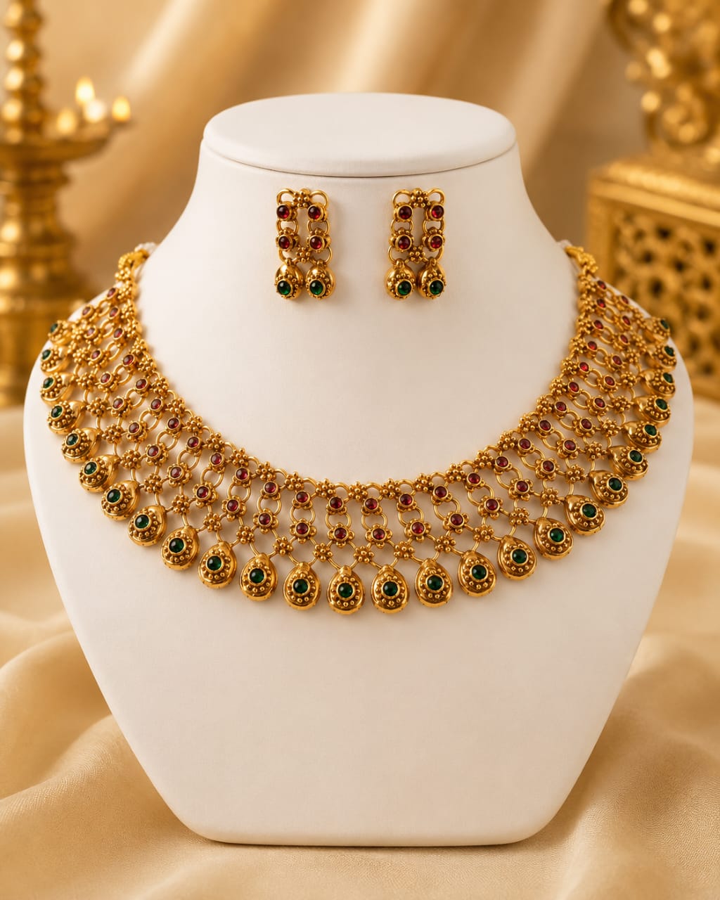 Antique Gold Ruby Kemp Lattice Mesh Choker Necklace Set | OL164