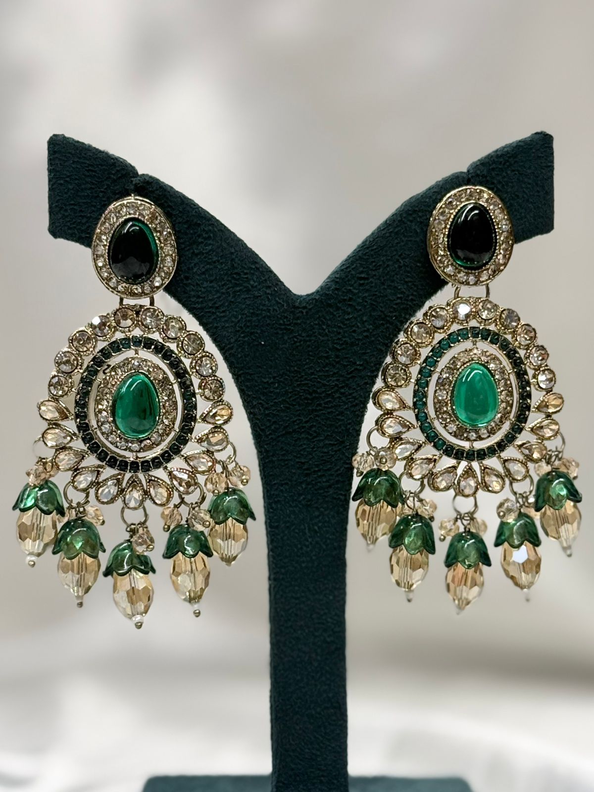 Emerald Green Kundan Chandbali Earrings with Crystal Drops,llb624
