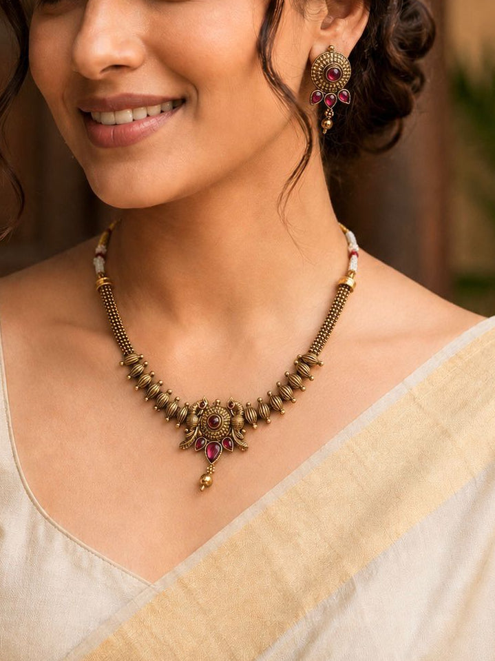 Antique Gold  Necklace Set with Ruby Stones & Earrings | llB032