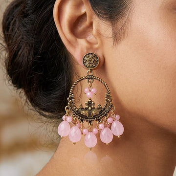 Antique Gold Baby Pink Crystal Chandbali Earrings | LLB0162