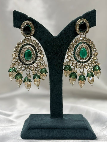 Emerald Green Kundan Chandbali Earrings with Crystal Drops,llb624