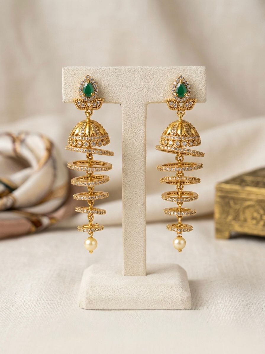 Gold CZ Spiral Ring Jhumka Earrings with Emerald Teardrop Stud & Pearl Drop | llb0132