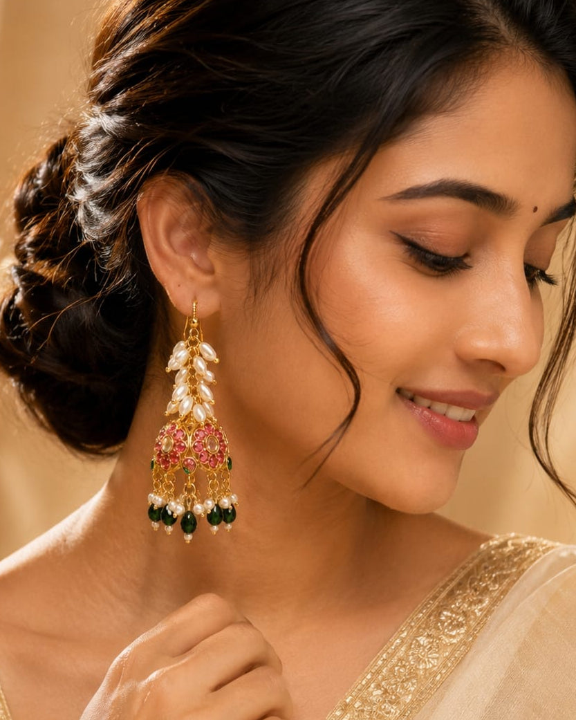 Gold Kundan Jhumka Hook Earrings with Ruby & Emerald Drops | OL221