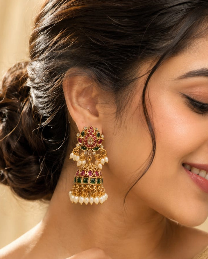 Gold Kundan Lotus Jhumka Earrings with Ruby & Emerald | OL224