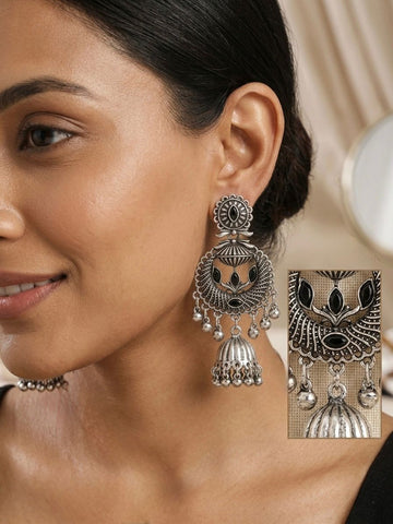 Oxidised Silver Chandbali Jhumka Earrings with Black Onyx Stones & Silver Ghungroo Drops | llb0130