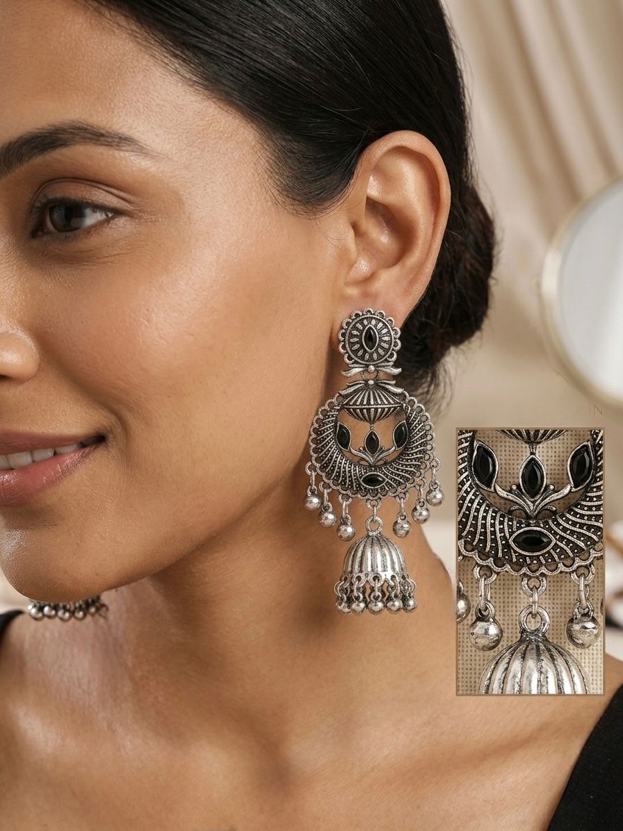 Oxidised Silver Chandbali Jhumka Earrings with Black Onyx Stones & Silver Ghungroo Drops | llb0130