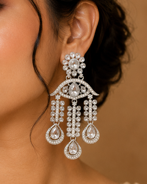 Silver Polki CZ Floral Chandelier Earrings with Pearl Drops | OLT93