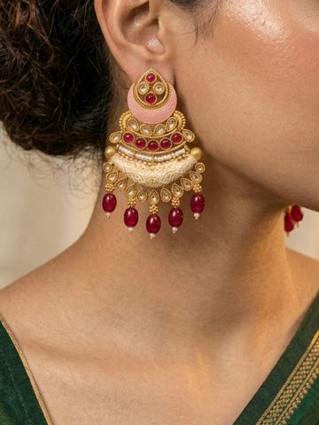 Antique Gold Layered Chandbali Earrings with Pink Meenakari, Kundan & Ruby Drops |llb0104
