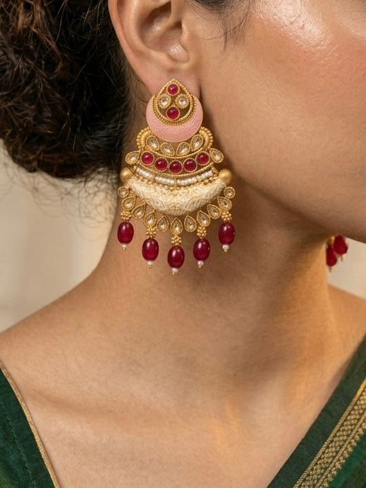Antique Gold Layered Chandbali Earrings with Pink Meenakari, Kundan & Ruby Drops |llb0104
