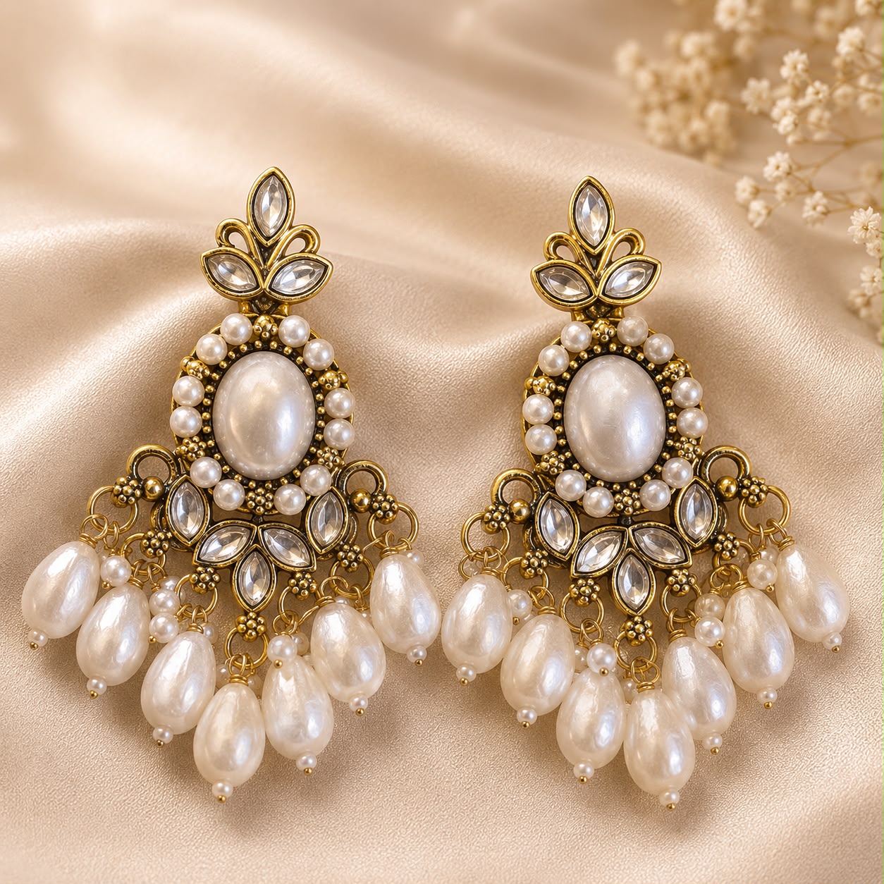 Kundan Pearl Drop Chandbali Earrings | LLB0160
