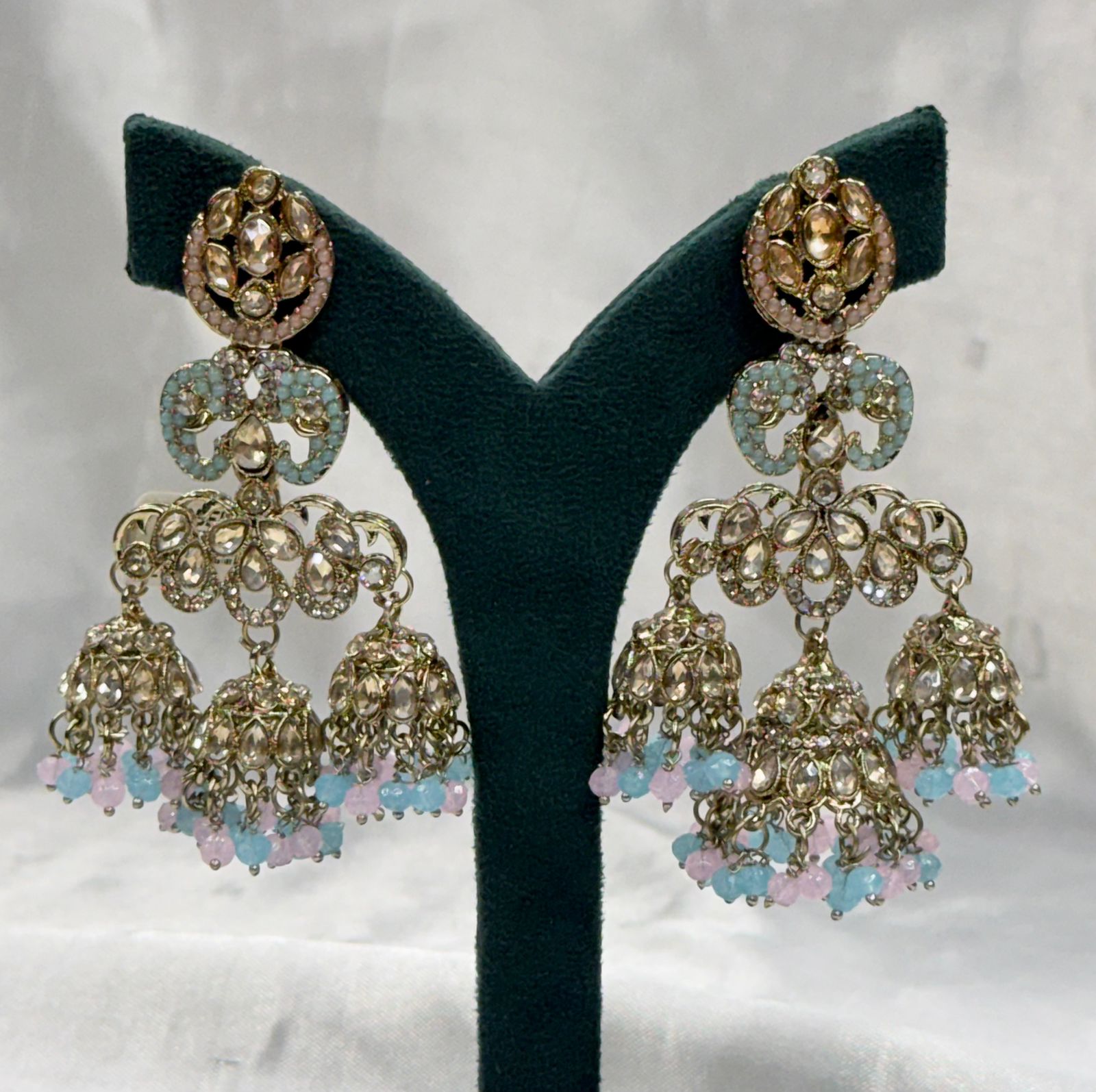 Gold Finish Kundan Jhumka Earrings with Pastel Bead Hangings,llb556