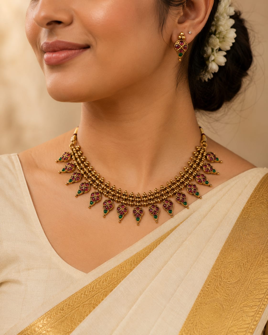 Antique Gold Beaded Kemp Necklace Set | OL139