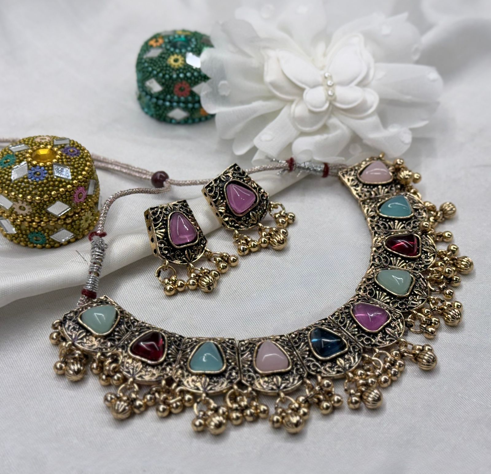 Antique Gold Multicolor Stone Necklace Set with Jhumka Drops,llb450