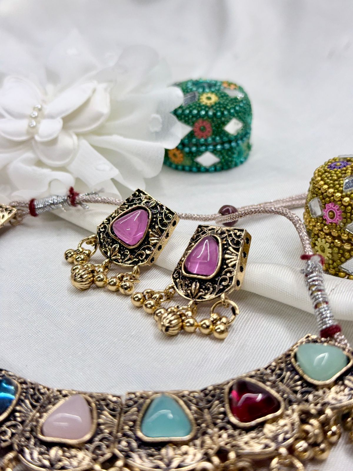 Antique Gold Multicolor Stone Necklace Set with Jhumka Drops,llb450