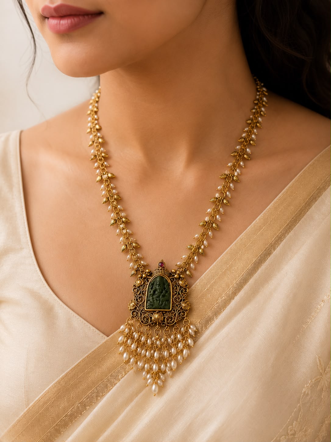 Lakshmi Devi Emerald Stone Haaram with Pearl Drops |OL173