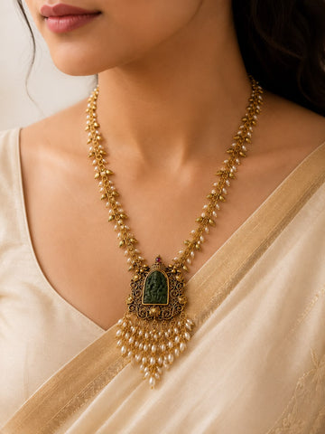 Lakshmi Devi Emerald Stone Haaram with Pearl Drops |OL173