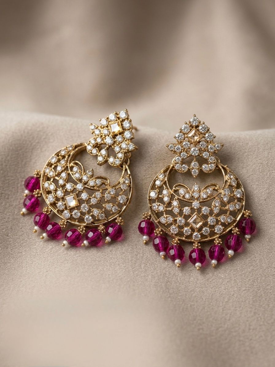 Diamond CZ Chandbali Earrings with Ruby Drops / llb0015