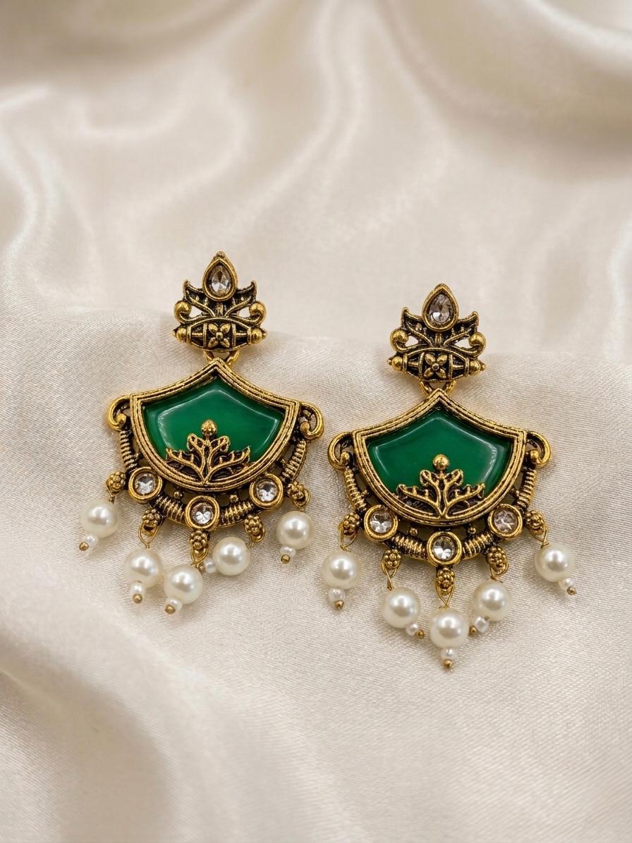 Green Enamel Chandbali Earrings | Antique Gold Pearl Drops |llb0111