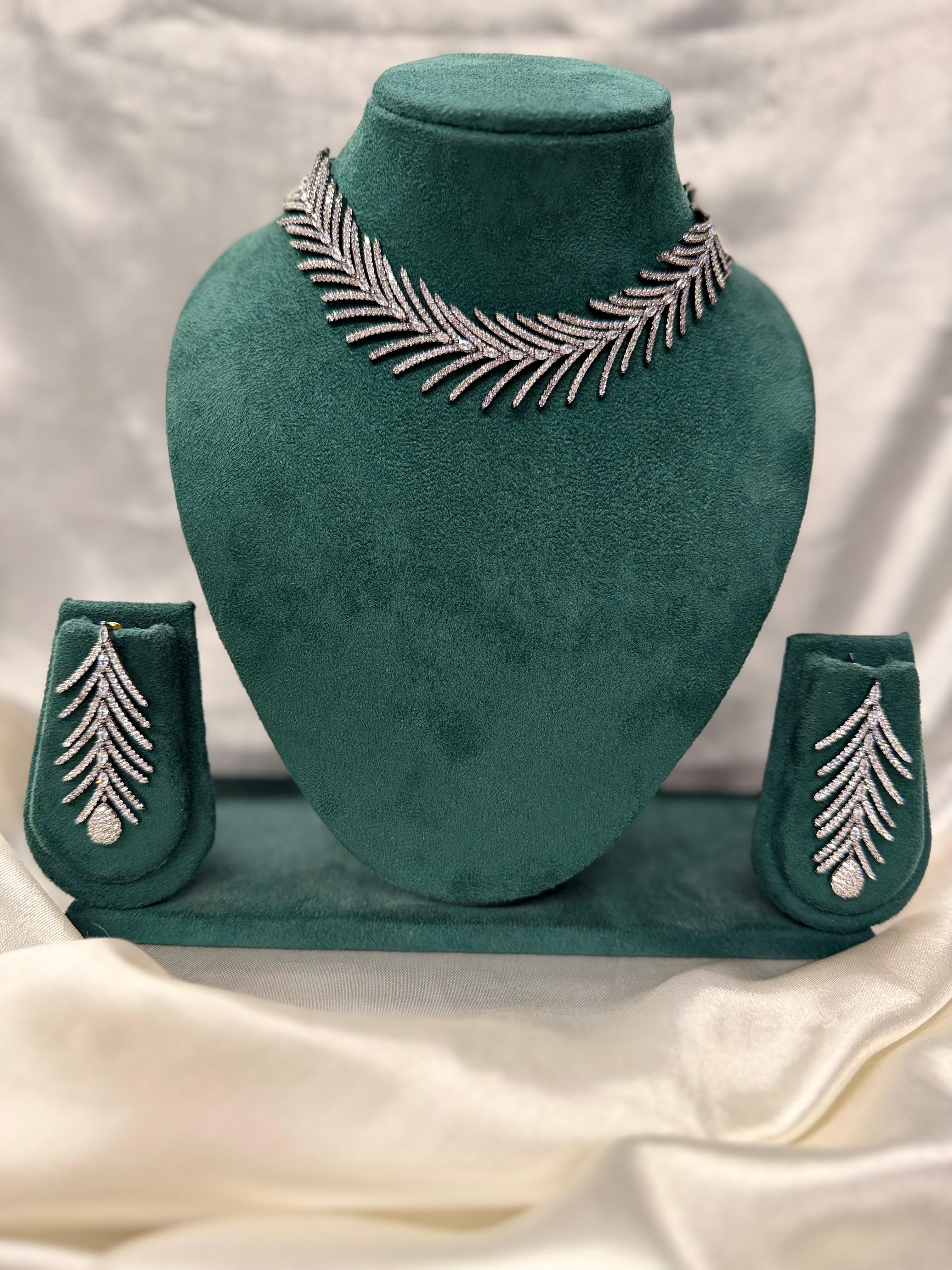 Elegant Silver Leaf Design CZ Necklace Set,llb337