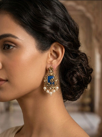 Antique Gold Blue Meenakari Rectangular Earrings with Kundan & Pearl Drops |llb0105