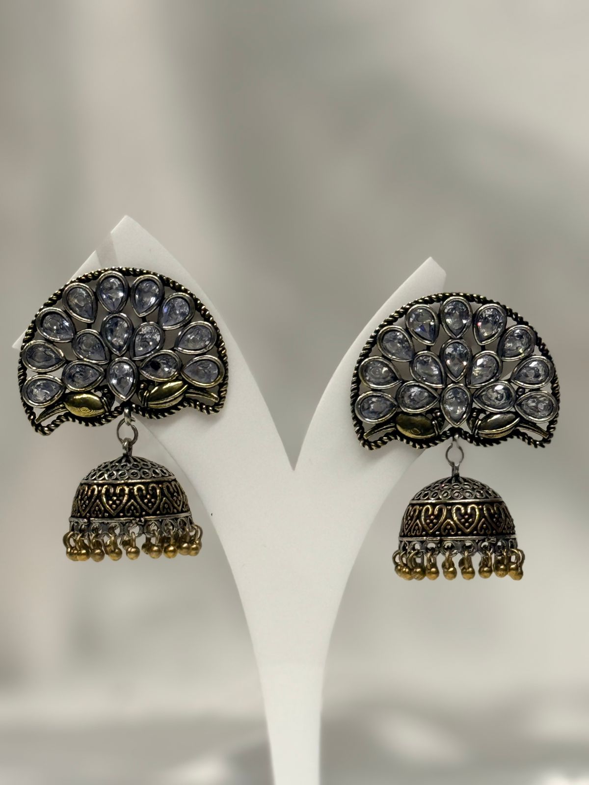 Antique Gold Peacock Design Jhumka Earrings with Crystal Stones,llb643