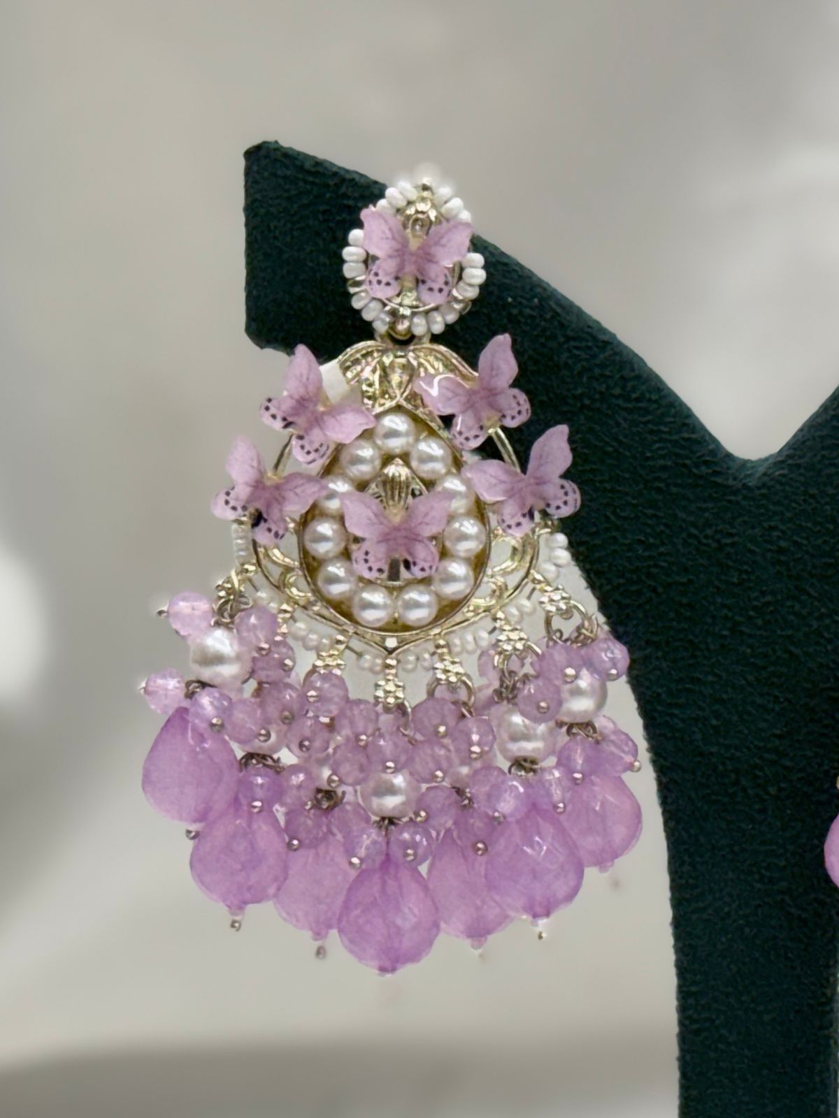 Lavender Butterfly Pearl Chandbali Earrings for Women,llb628