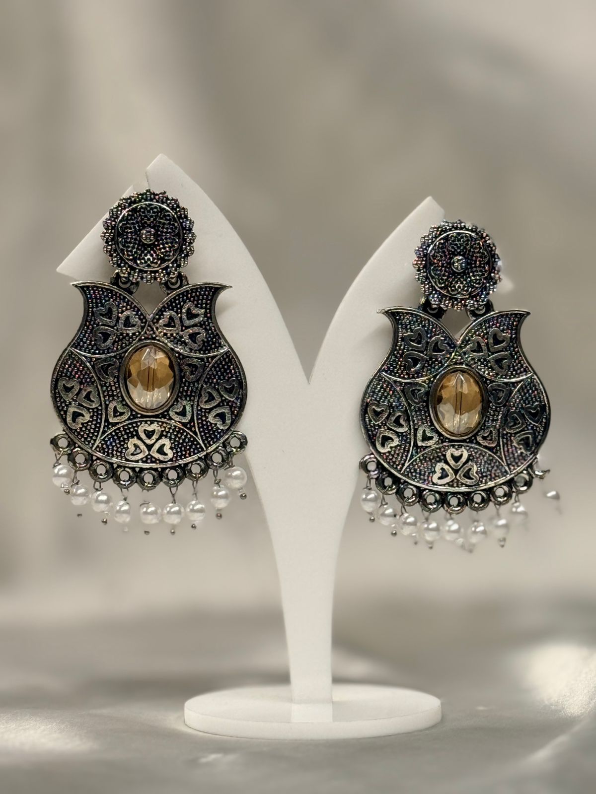 Oxidised Silver Heart Pattern Chandbali Earrings with Yellow Stone,llb645