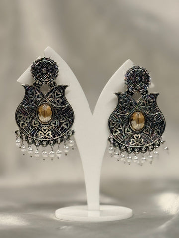 Oxidised Silver Heart Pattern Chandbali Earrings with Yellow Stone,llb645