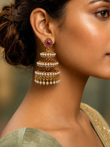 Triple Tier Ruby Pearl Jhumka Earrings | llb0125