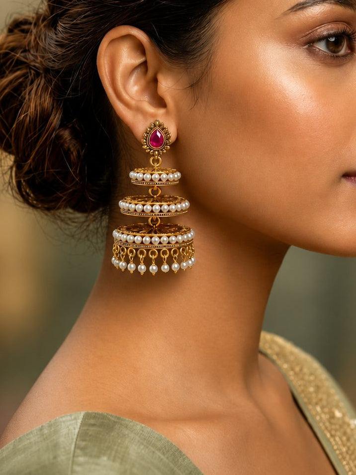 Triple Tier Ruby Pearl Jhumka Earrings | llb0125