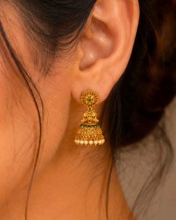 Antique Gold Lakshmi Temple Jhumka Earrings with Emerald & Pearl | LLB0176