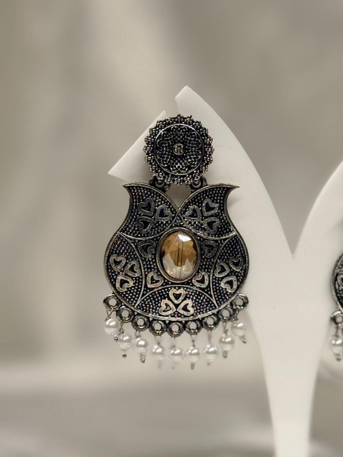 Oxidised Silver Heart Pattern Chandbali Earrings with Yellow Stone,llb645