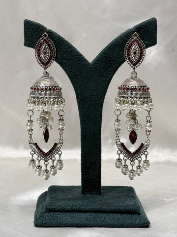 Antique Silver Red Stone Pearl Jhumka Earrings for Women,llb594