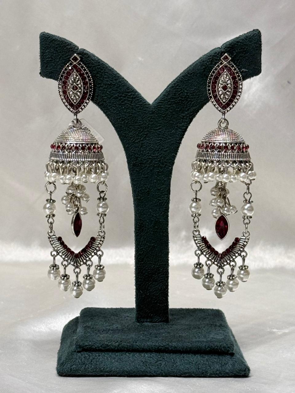 Antique Silver Red Stone Pearl Jhumka Earrings for Women,llb594