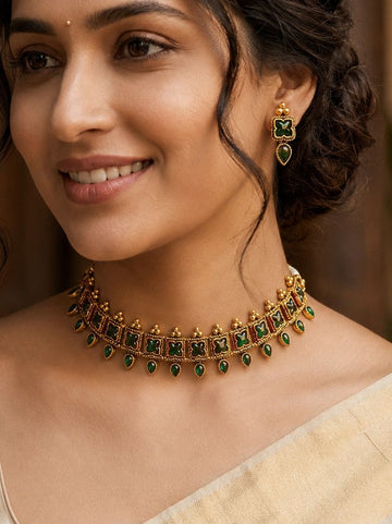 Antique Gold Choker Necklace Set with Green Stone Drops & Earrings | llb030