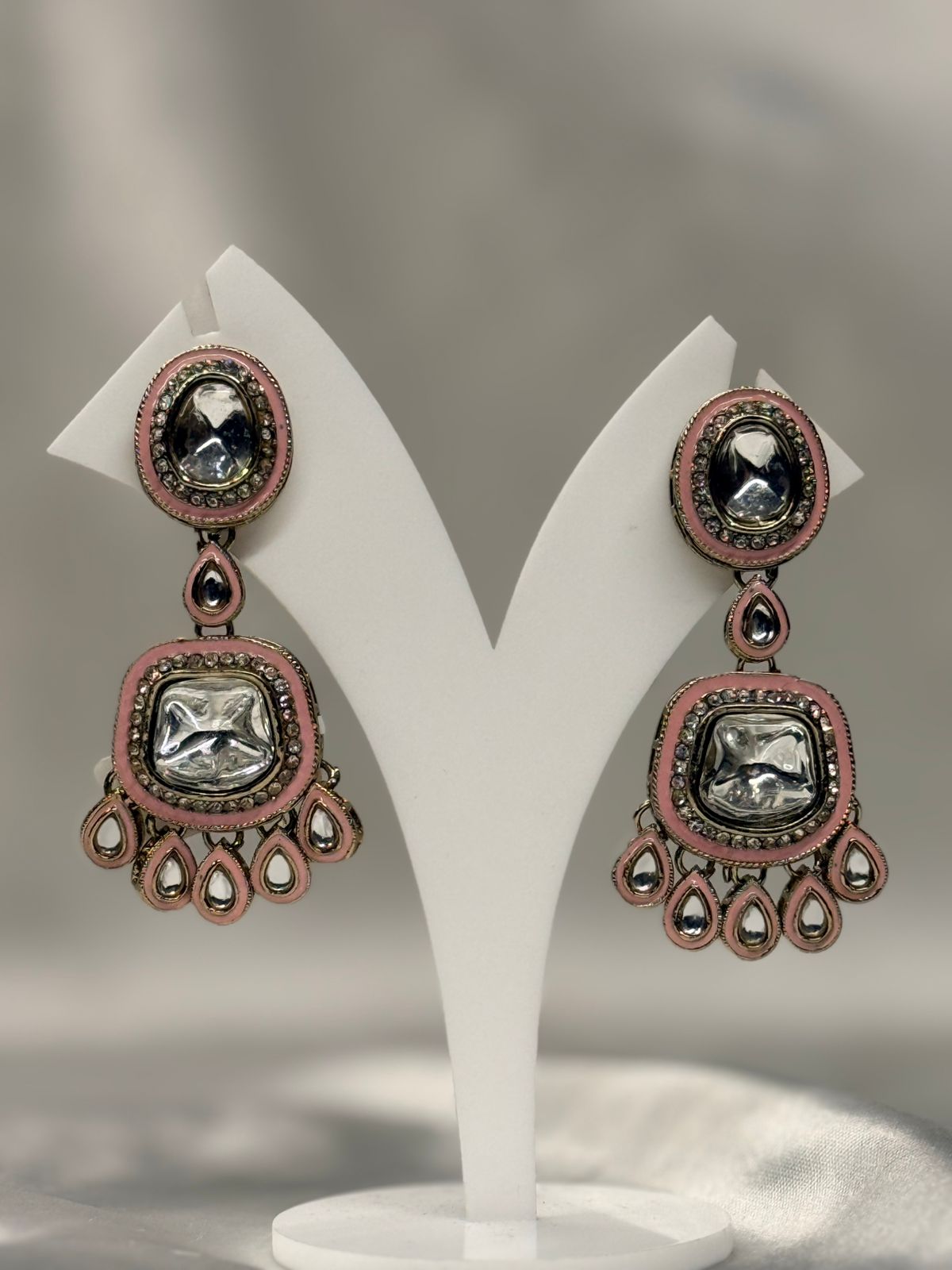 Pink Kundan Stone Dangle Earrings with Crystal Detailing,llb639